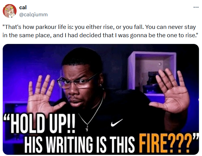 Parkour Civilization meme with a screenshot of a man with his hands in the air calling the writing 'fire.'