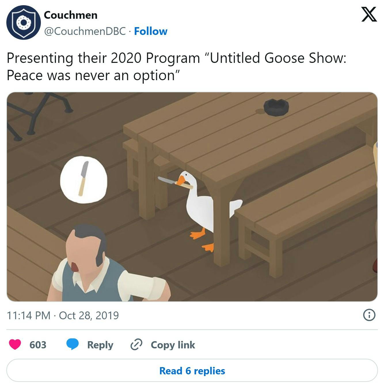 'Presenting their 2020 show 'Untitled Goose Show: Peace was never an option'' tweet