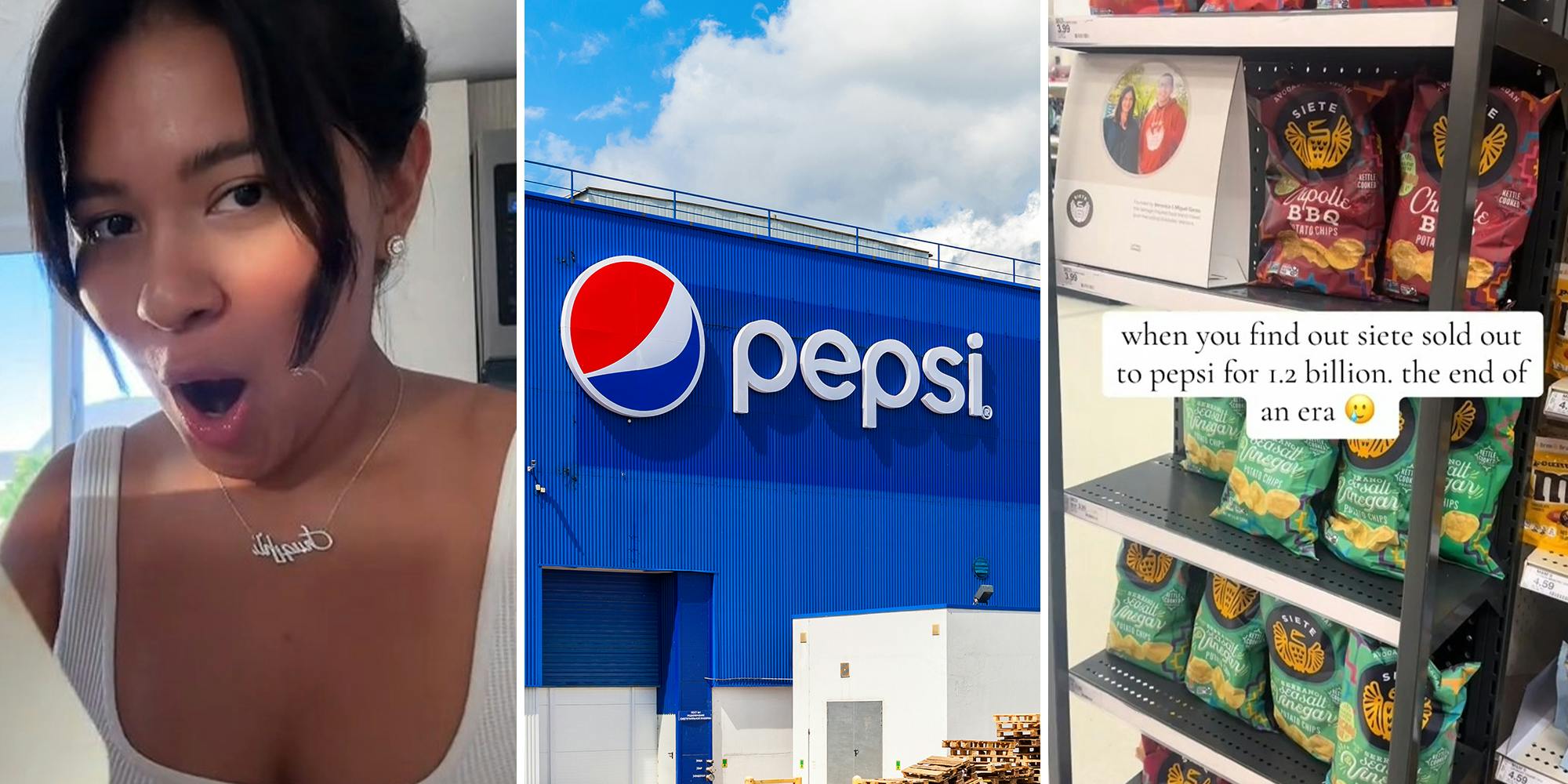 woman shocked(l) Pepsi Logo on Blue Building(c) Siete brand chips on store shelf(r)