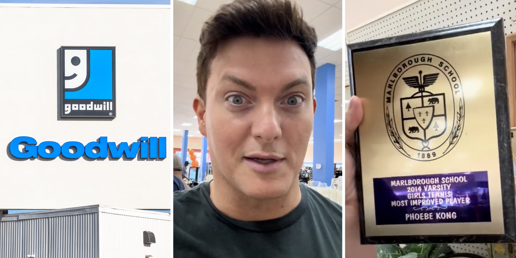 Goodwill sign(l), Man talking(c), Hand holding Trophy of Phoebe Kong