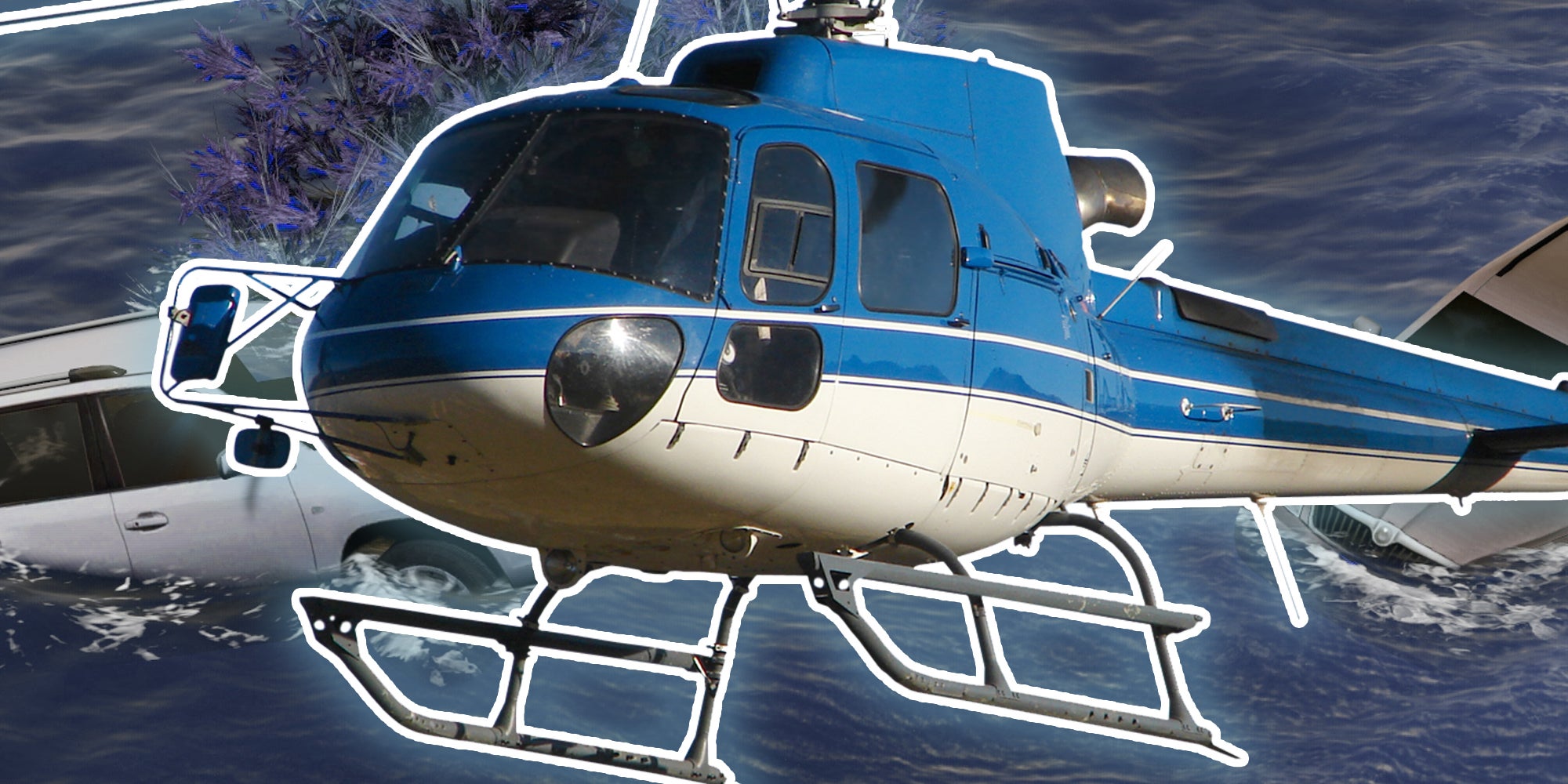 Helicopter over cars in flooded waters