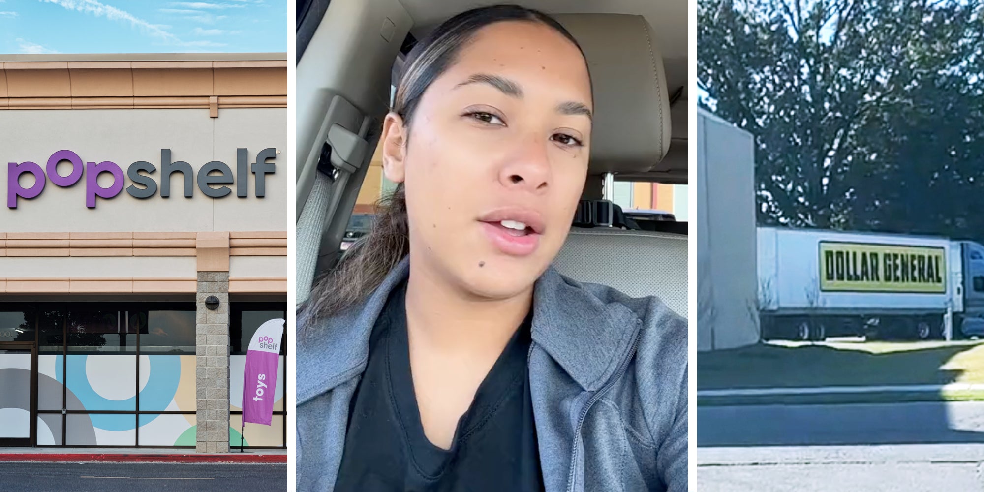 Popshelf storefront(l), Woman talking(c), Dollar General truck