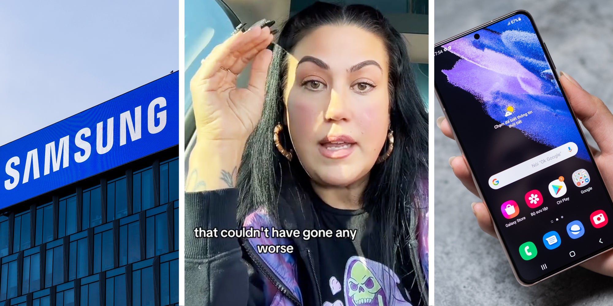 Samsung HQ(l), Woman talking with text that says 'that couldn't have gone any worse'(c), Hand holding samsung phone(r)