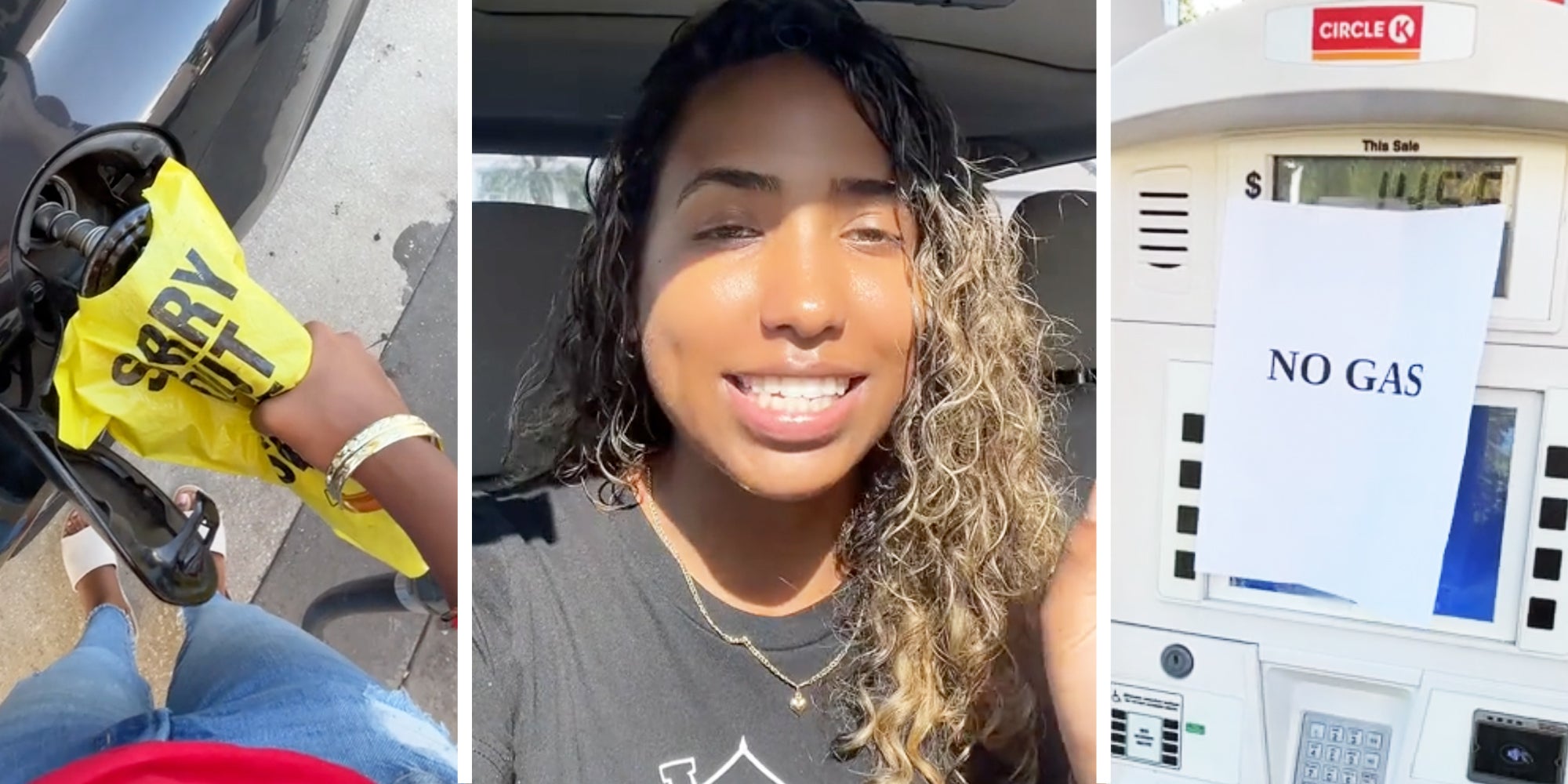 Gas pump in car(l), Woman talking(c), No Gas sign on pump(r0