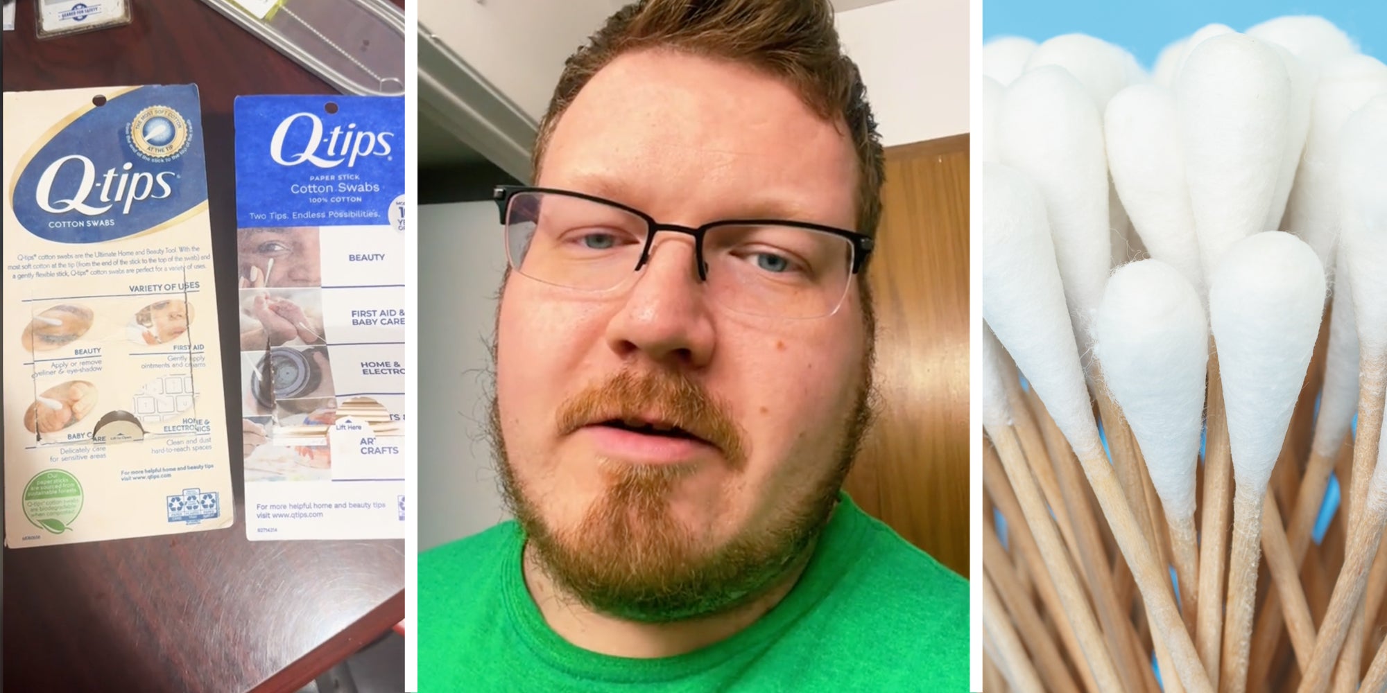 Boxes of Q-tips(l), Man talking(c), Close up of q-tips(r)