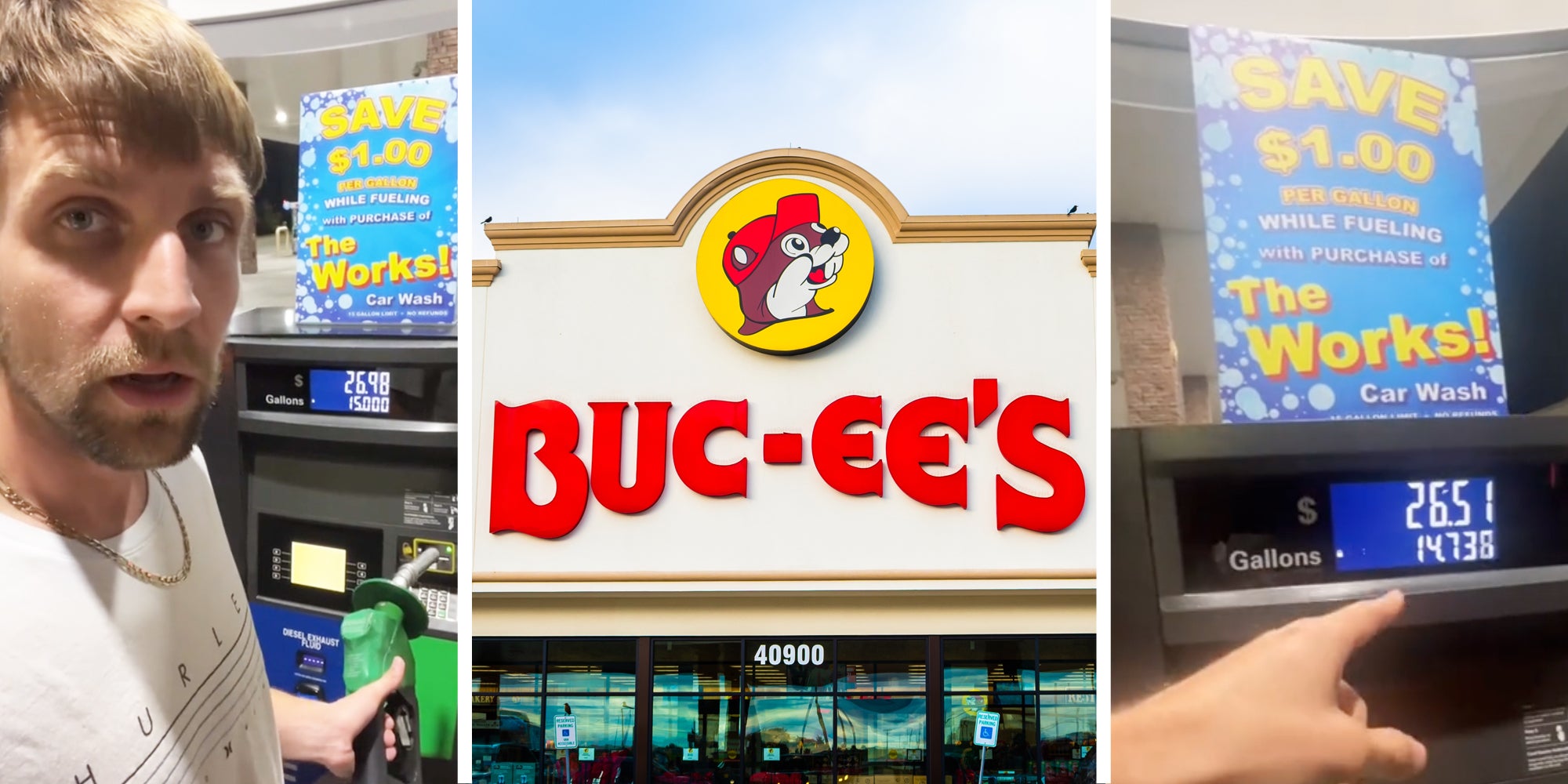 Man at gas pump(l), Buc-ee's storefront(c), Hand pointing to gas pump and flyer(r)