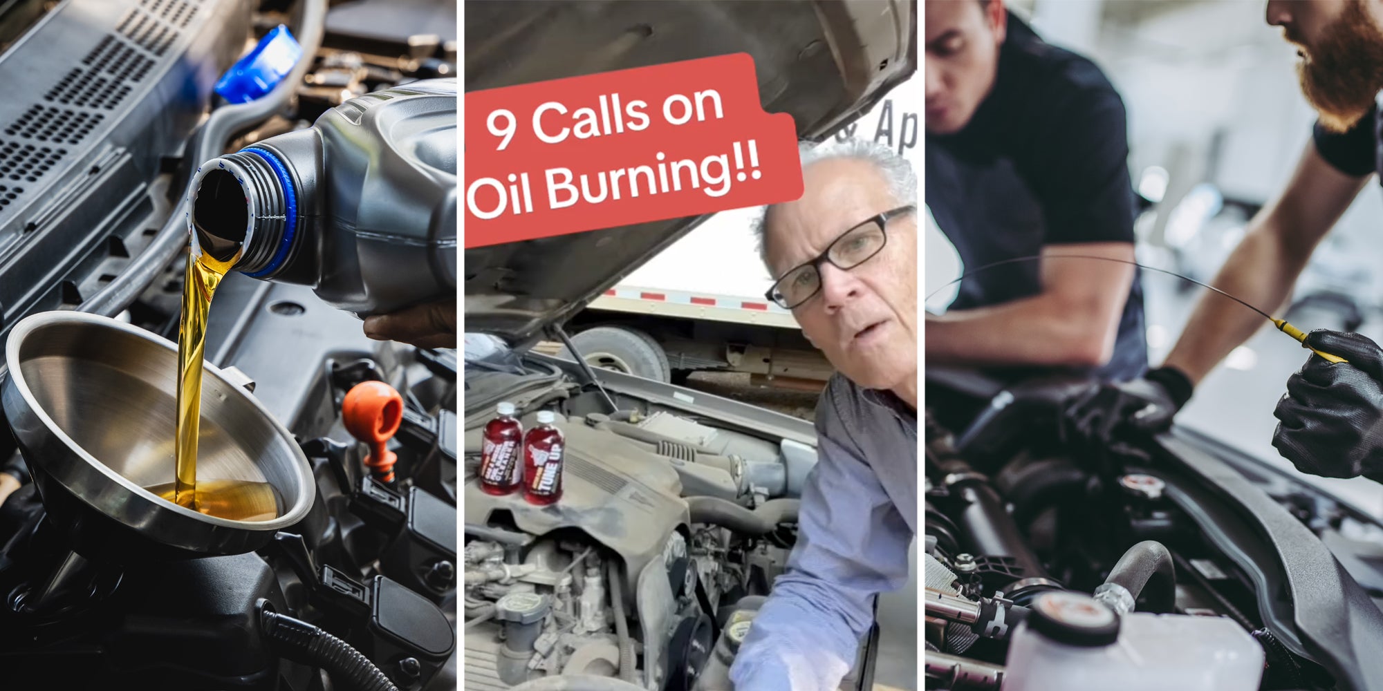 Oil being poured into car(l), Man looking inside car with text that says '9 calls on oil burning'(c), Mechanics checking oil(r)