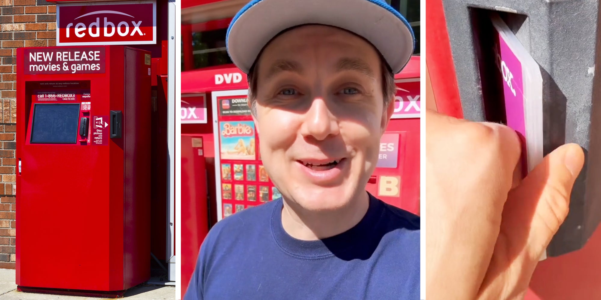 Redbox box(l), man talking(c), Hand grabbing dvd(r)