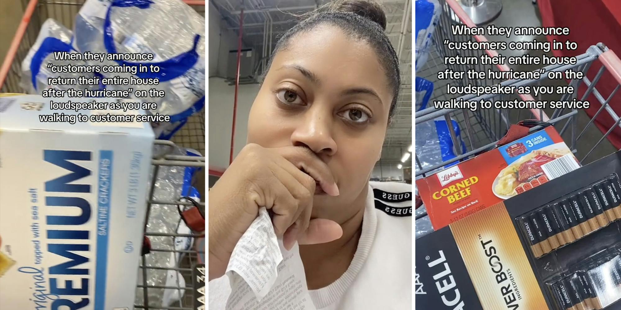 Cart full of water and crackers(l), Woman looking annoyed(c), Batteries and canned food in cart(r)