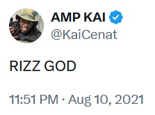 Kai Cenat tweet reading 'RIZZ GOD.'