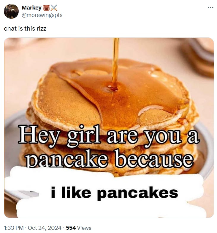 Tweet with a meme featuring a stack of pancakes.