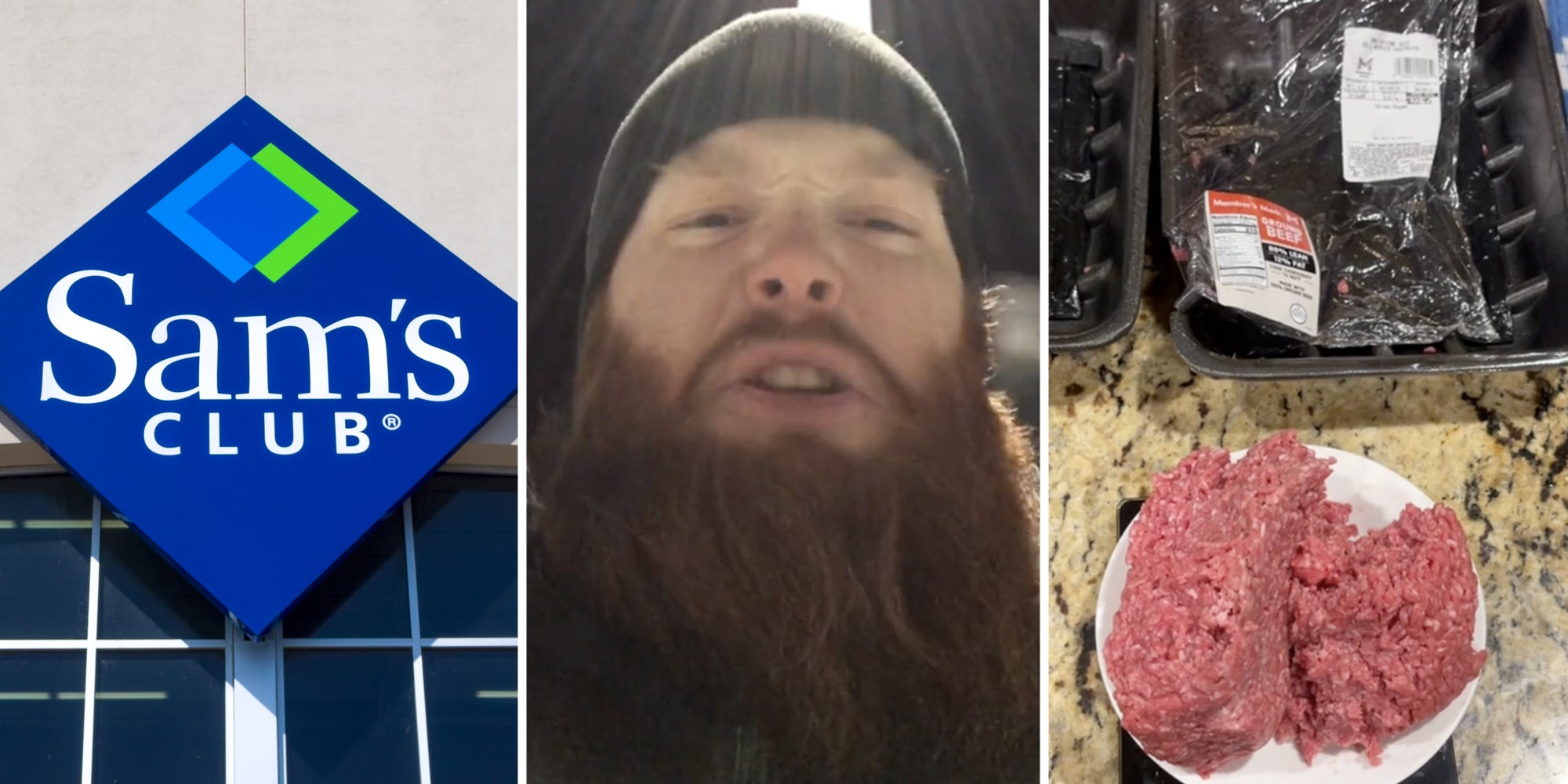 Sam's Club sign(l), Man talking(c), Meet on plate with empty packages(r)