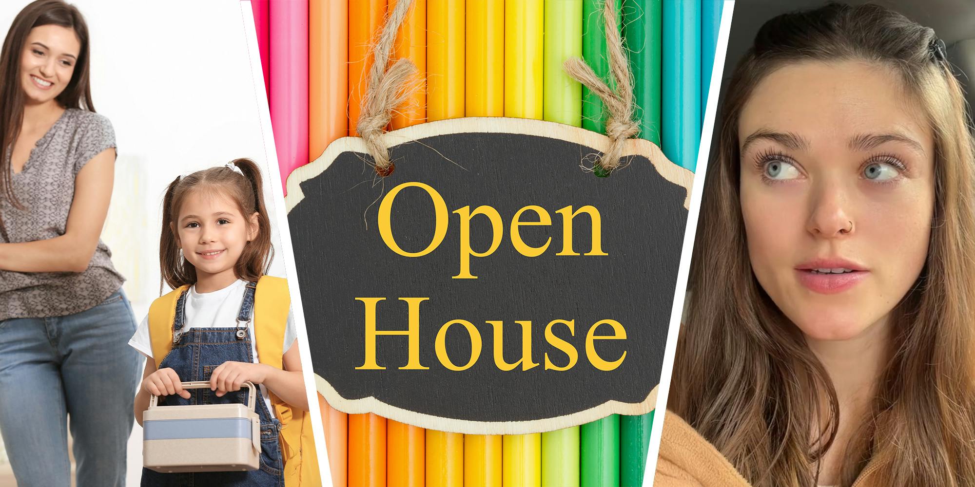 Mom taking her child to school(l) Open House sign with Pencil background(c) Woman sharing story on Tiktok(r)