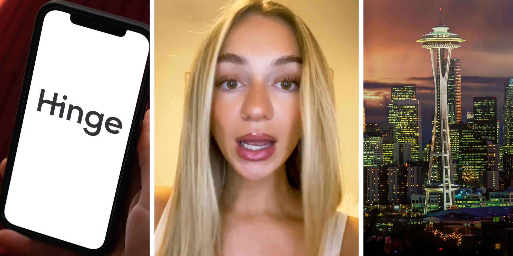 Phone with hinge app(l), Woman talking(c), Seattle skyline(r)