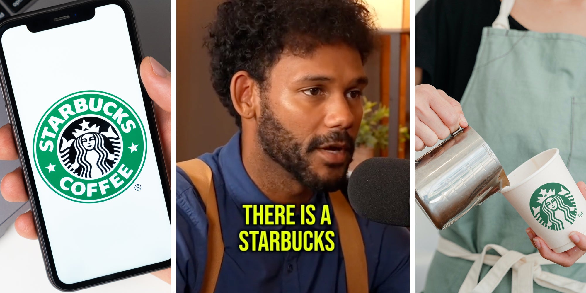 Hand holding phone with starbucks app(l), Man talking with text that says 'There is a starbucks'(c), Barista making starbucks drink(r)