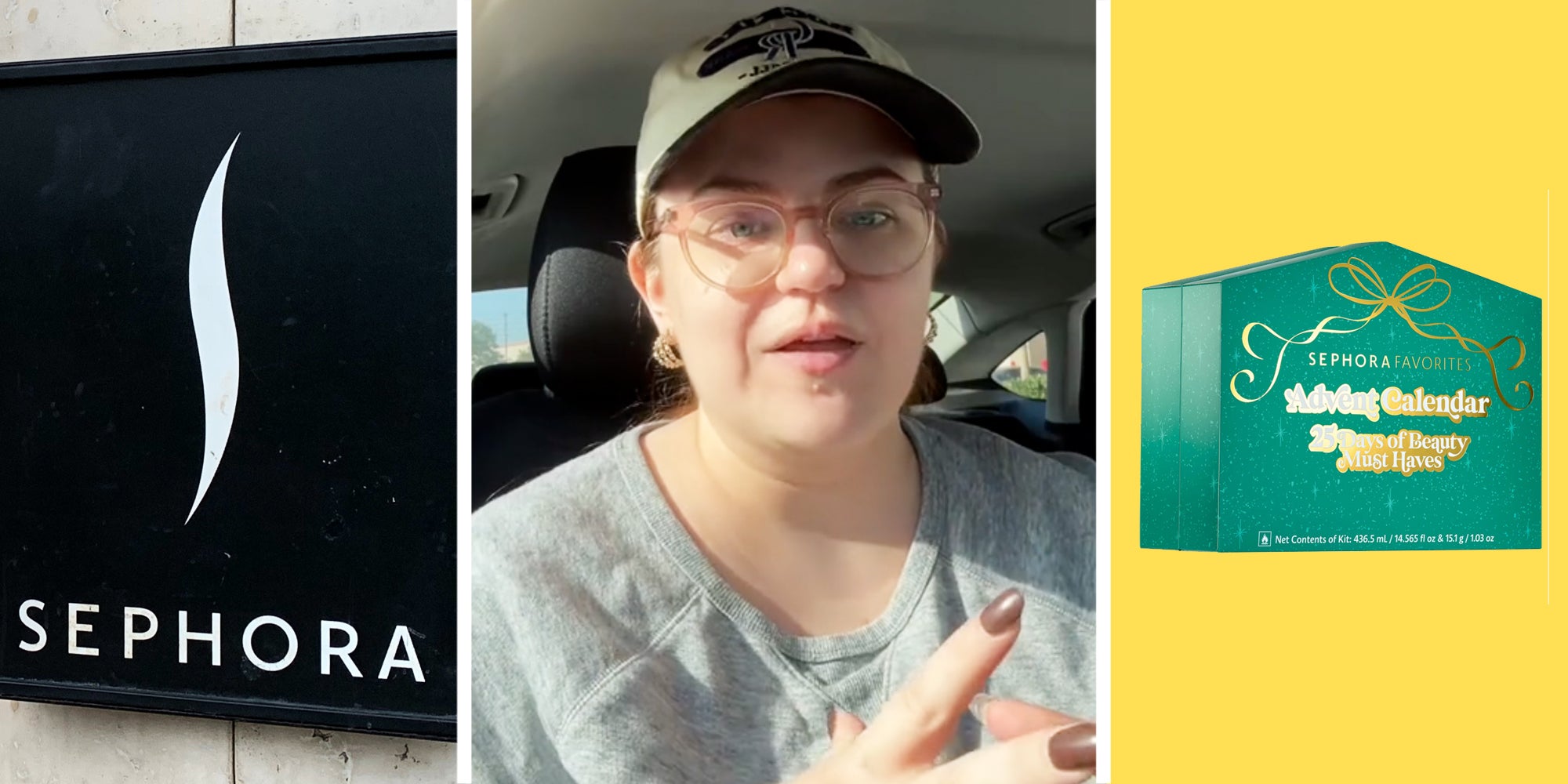 Sephora sign(l), Woman talking(c), Sephora Advent calendar(r)