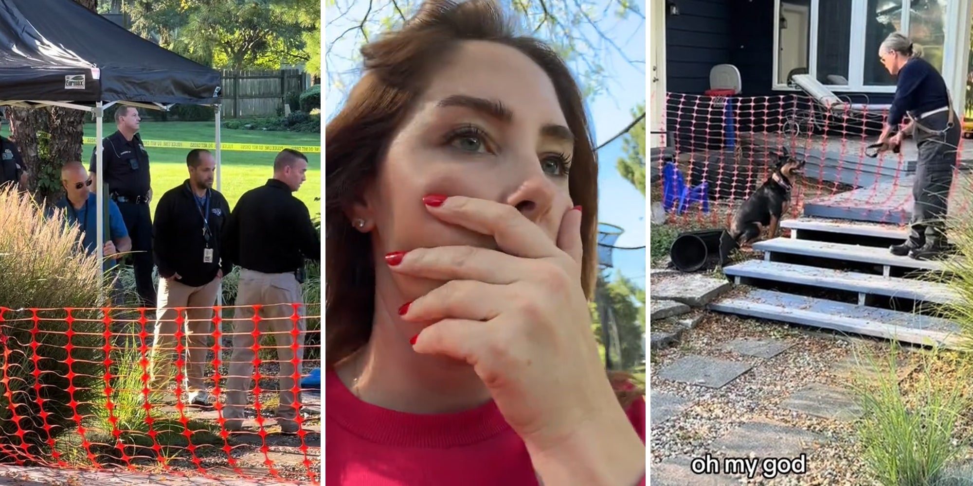 FBI and Police Officers in backyard(l) Woman in Shock(c) Dog Sitting down over suspected grave(r)