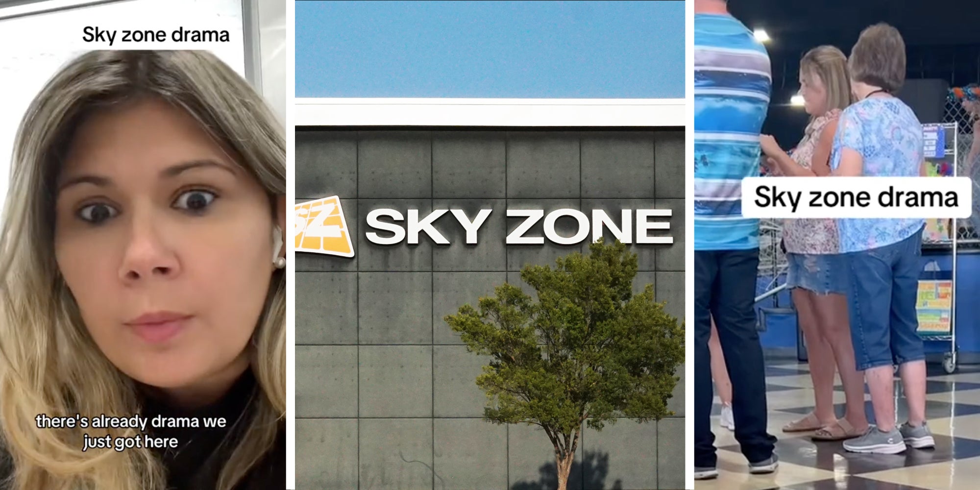 Woman talking with text that says 'Sky zone drama - there's already drama we just got here'(l), Sky zone store front(c), People standing inside sky zone(r)