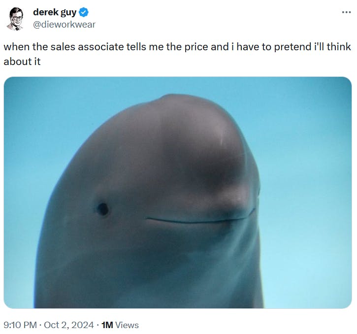 Smiling dolphin meme about pretending to consider a price.