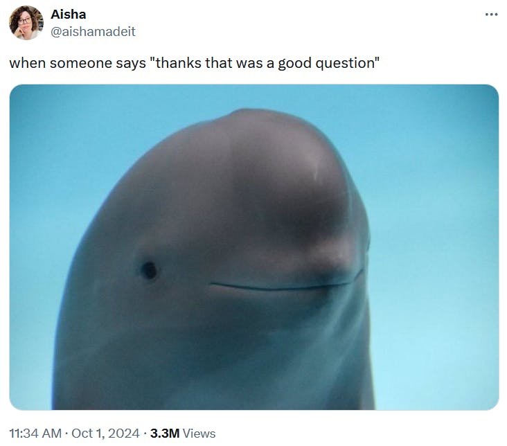 Smiling dolphin meme about someone calling your question good.