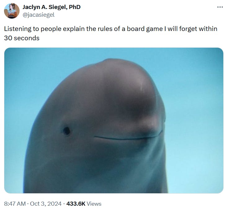 Smiling dolphin meme about people explaining board game rules.