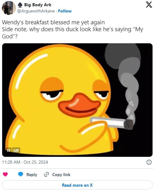 'Wendy’s breakfast blessed me yet again Side note, why does this duck look like he’s saying 'My God'?'