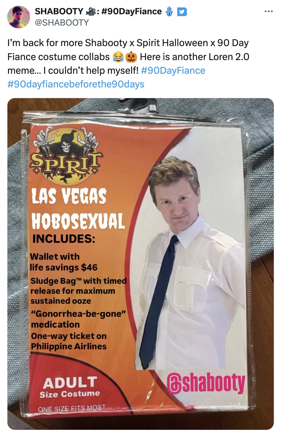 Spirit Halloween costume meme of a Las Vegas hobosexual.