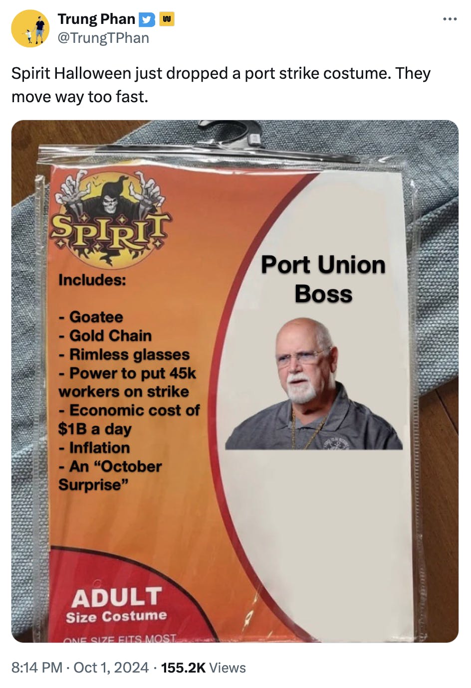 Spirit Halloween costume meme of a port union boss.