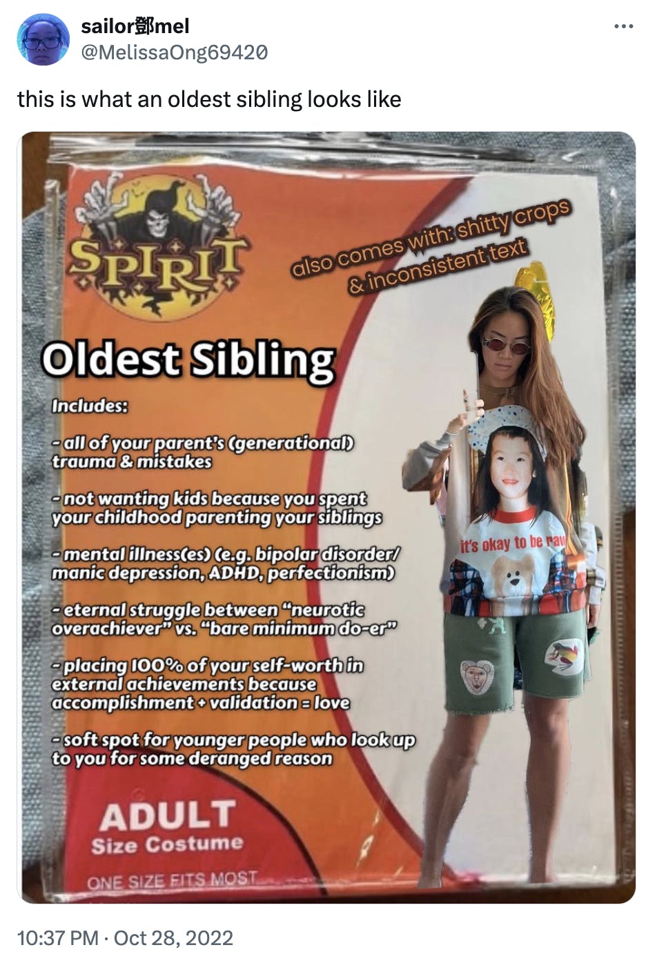 Spirit Halloween costume meme of an oldest sibling.