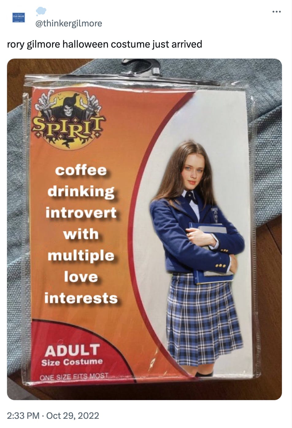 Spirit Halloween costume meme of Rory Gilmore.