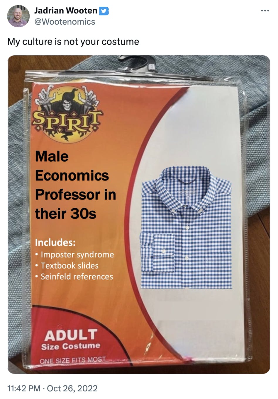 Spirit Halloween costume meme of a male economics professor.