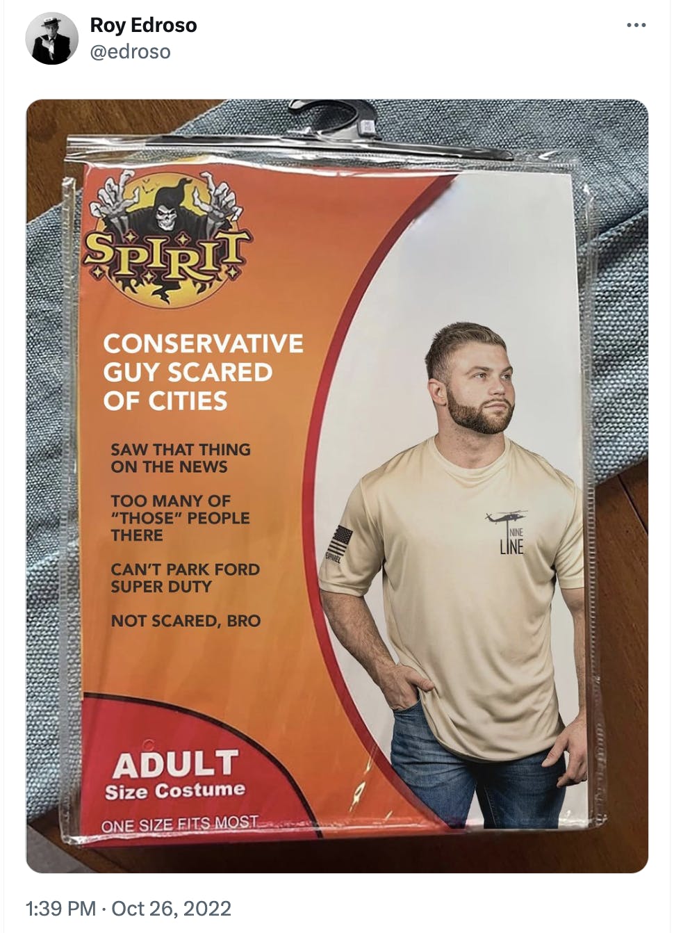 Spirit Halloween costume meme of a conservative guy scared of cities.