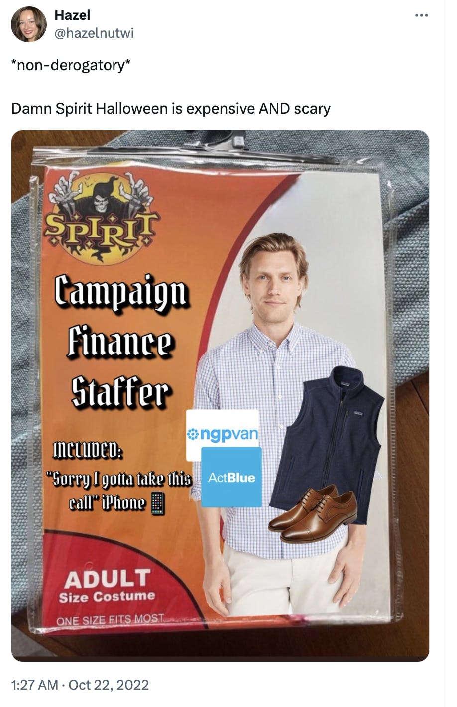 Spirit Halloween costume meme of a campaign finance staffer.