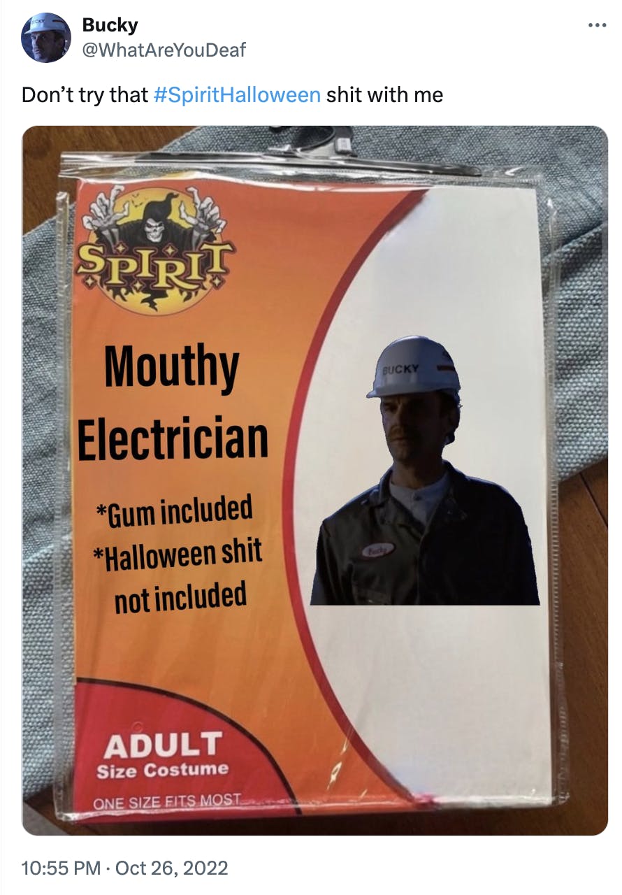 Spirit Halloween costume meme of a mouthy electrician.