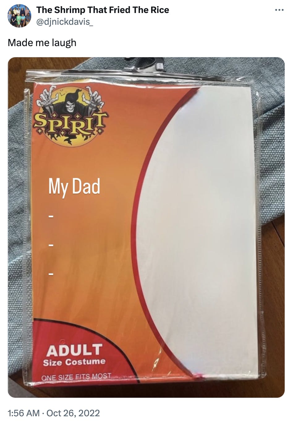 Spirit Halloween costume meme of an absent father.