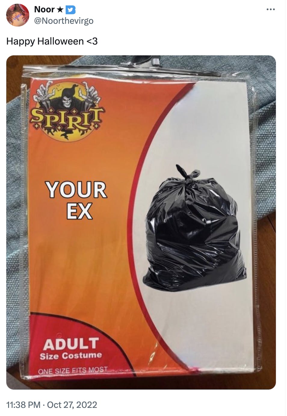 Spirit Halloween costume meme of 'your ex' and it's a bag of trash.