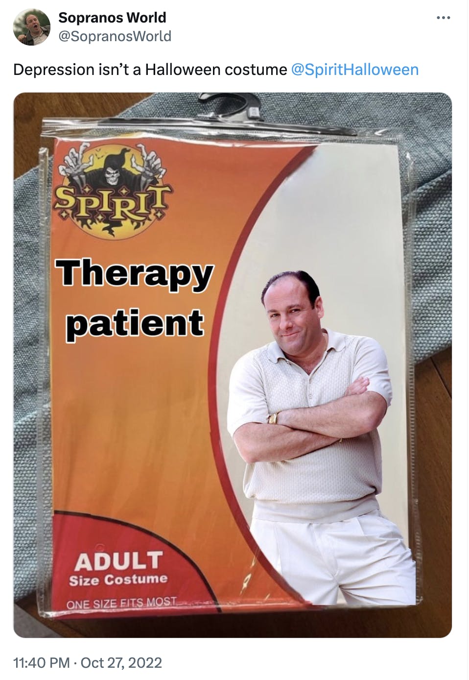 Spirit Halloween costume meme of a 'therapy patient.'