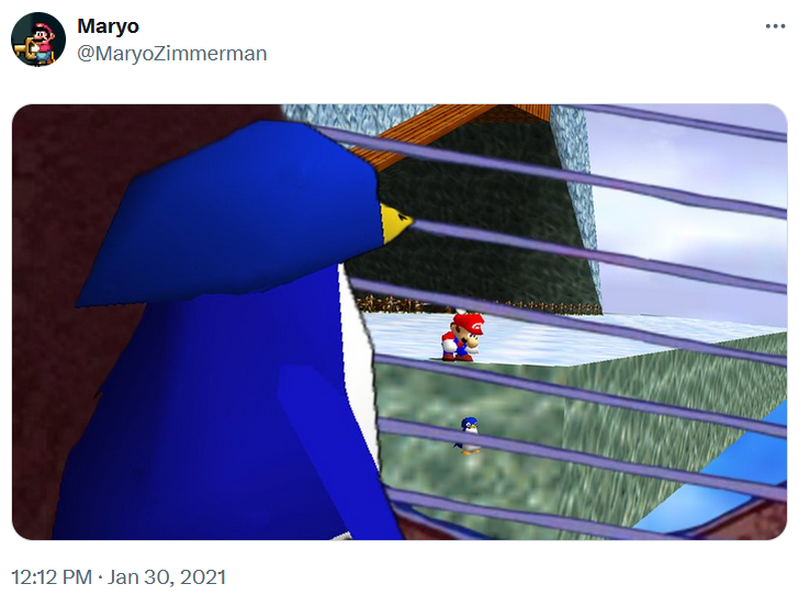 A penguin from Super Mario 64 watching through a window as Mario does the ice level.