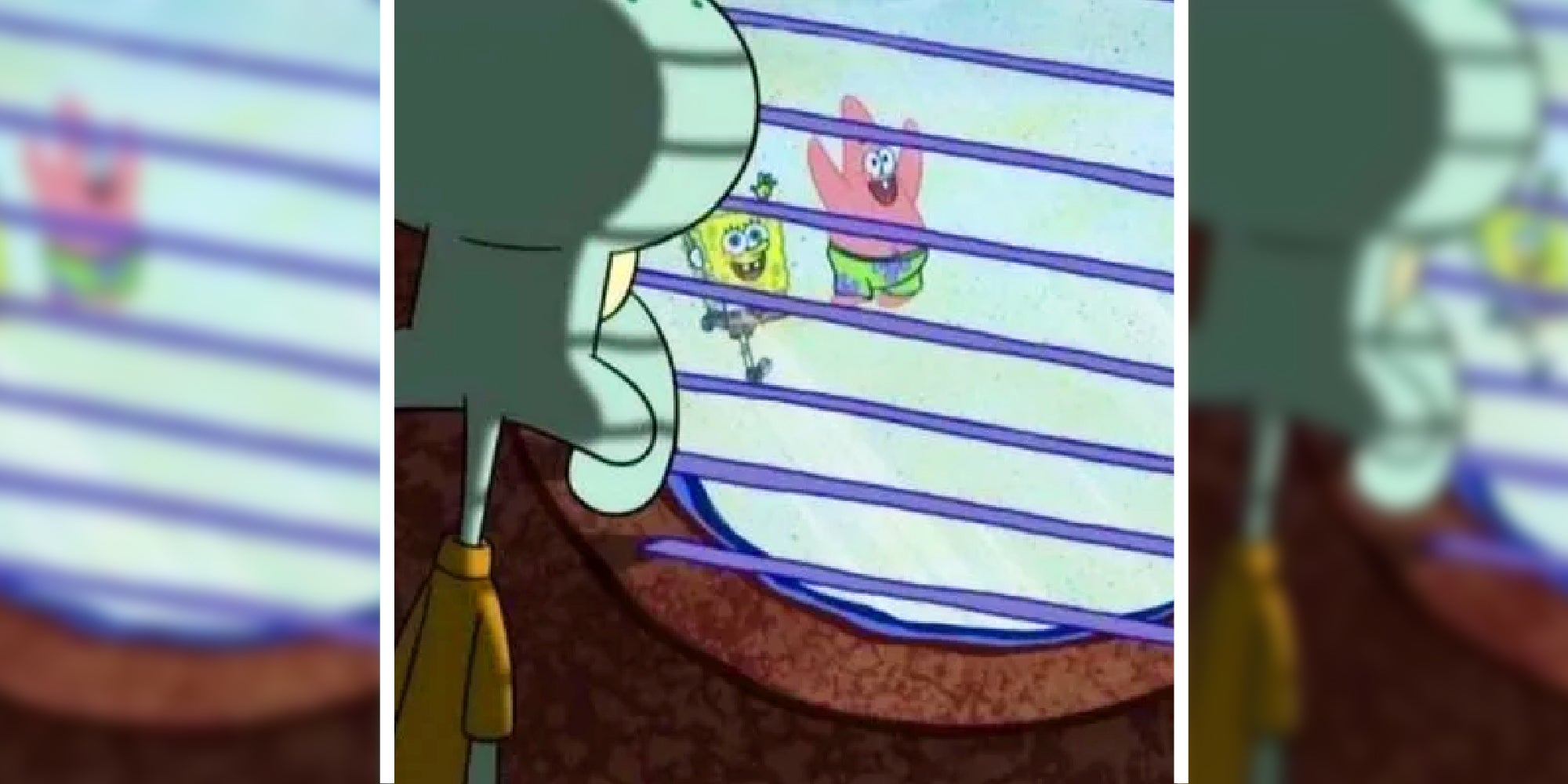 Image of the character Squidward looking through a window at his friends having a good time outside.