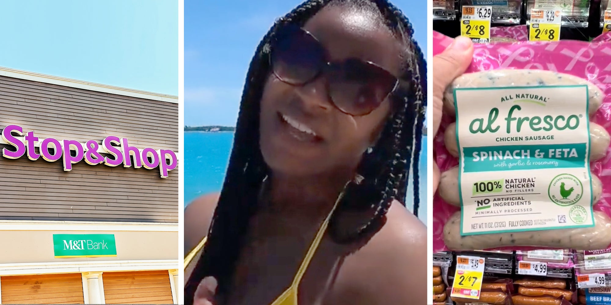 Stop & Shop storefront(l), Woman talking(c), Hand holding al fresco chicken sausage(r)