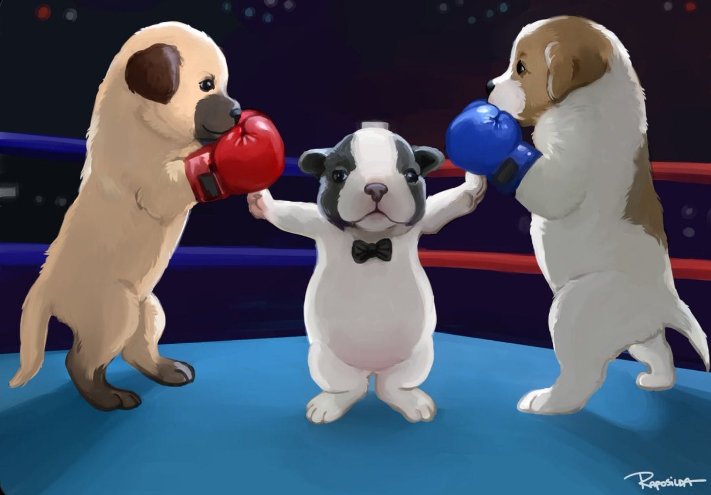 digitally drawn stop fighting puppy in boxing ring