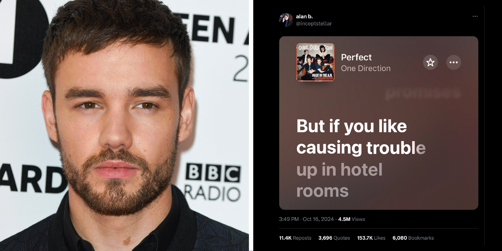 2 panel image, Liam Payne on the left and a screengrab of a tweet on the right.