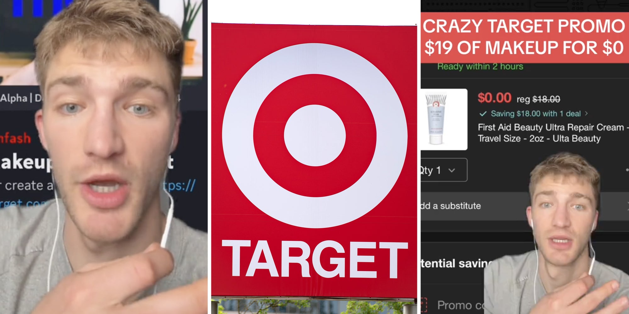 Man talking(l), Target sign(c), Man in front of Target checkout site(r)