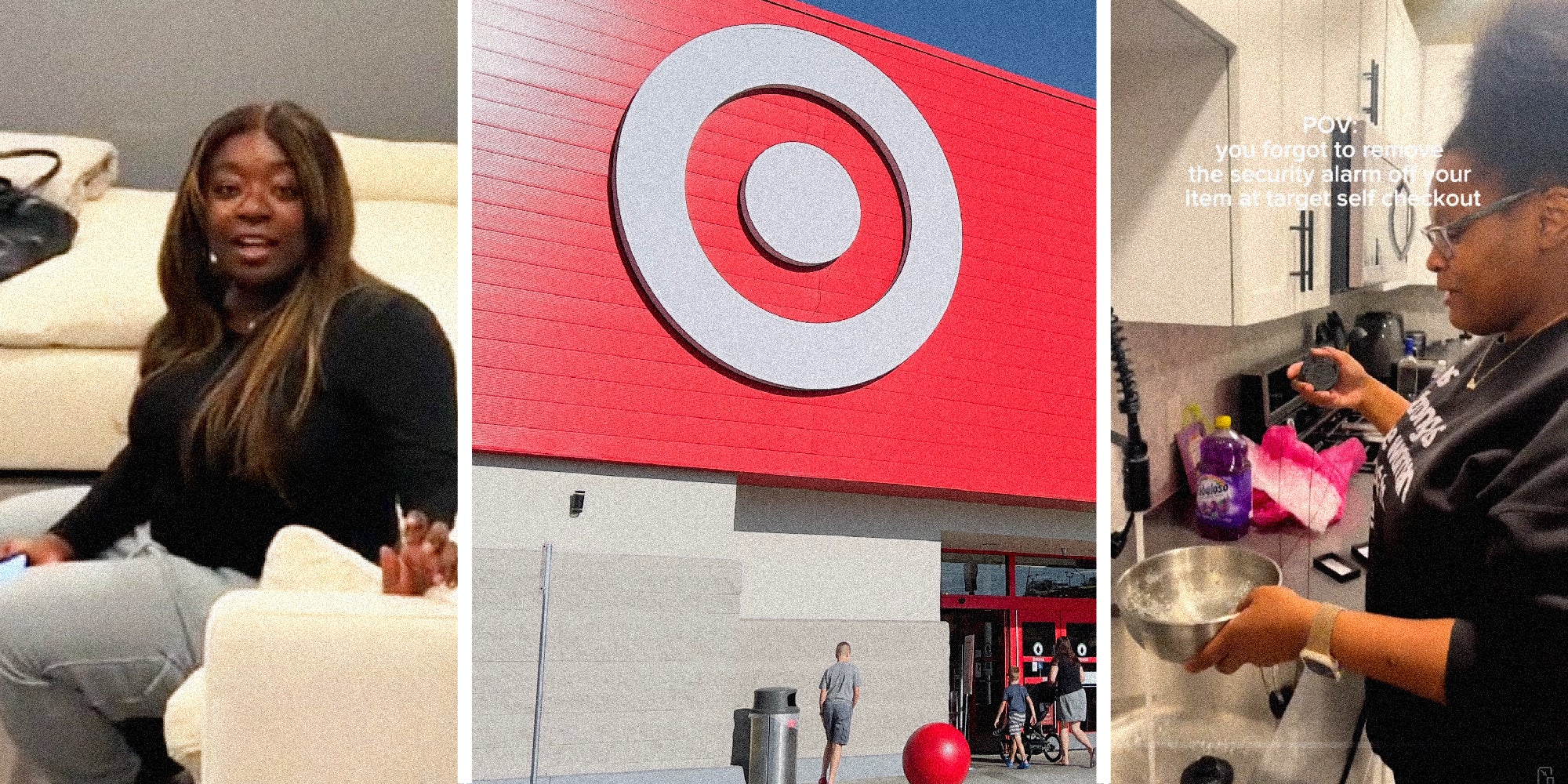3 panel image, on the left side a woman sits on a couch and shares advice. In the middle panel we see the front of a target store. On the right side another woman runs water into a bowl over the kitchen sink.