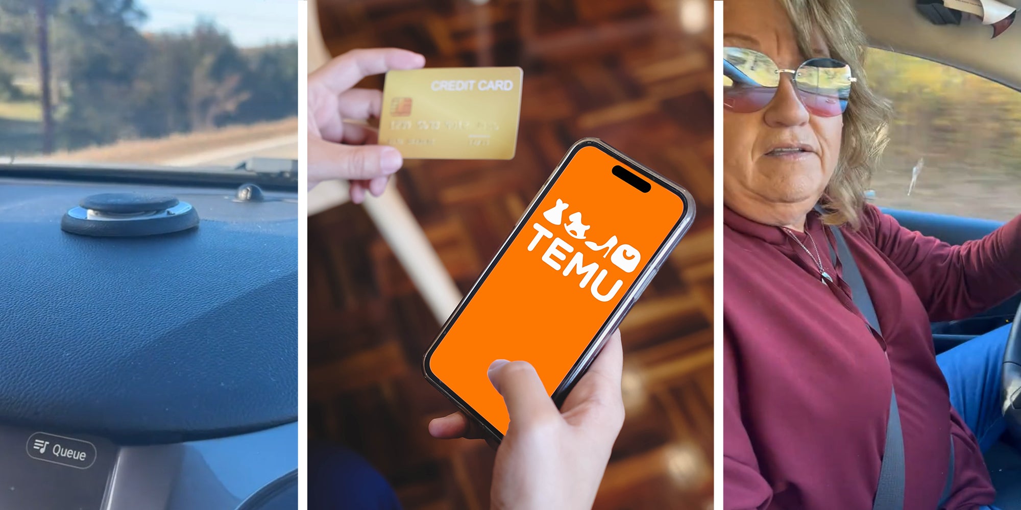 Magnetic Field device from Temu(l) person holding phone with Temu App open and credit card(c) Woman driving a car(r)