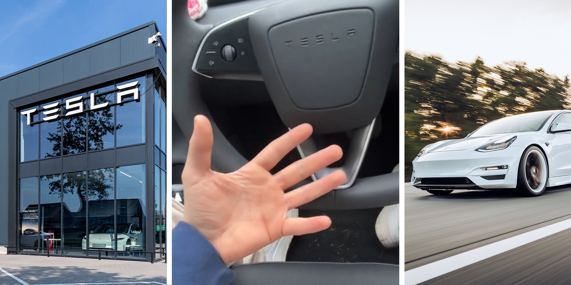 Tesla Building(l) Tesla Steering Wheel(c) Tesla car(r)