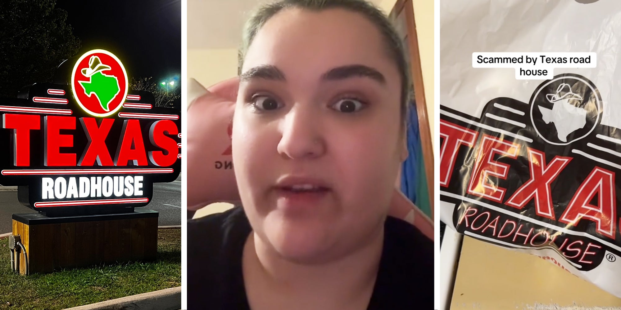 Texas Roadhouse sign(l), Woman talking(c), Texas Roadhouse to-go bag with text that says 'Scammed by Texas Roadhouse'(r)