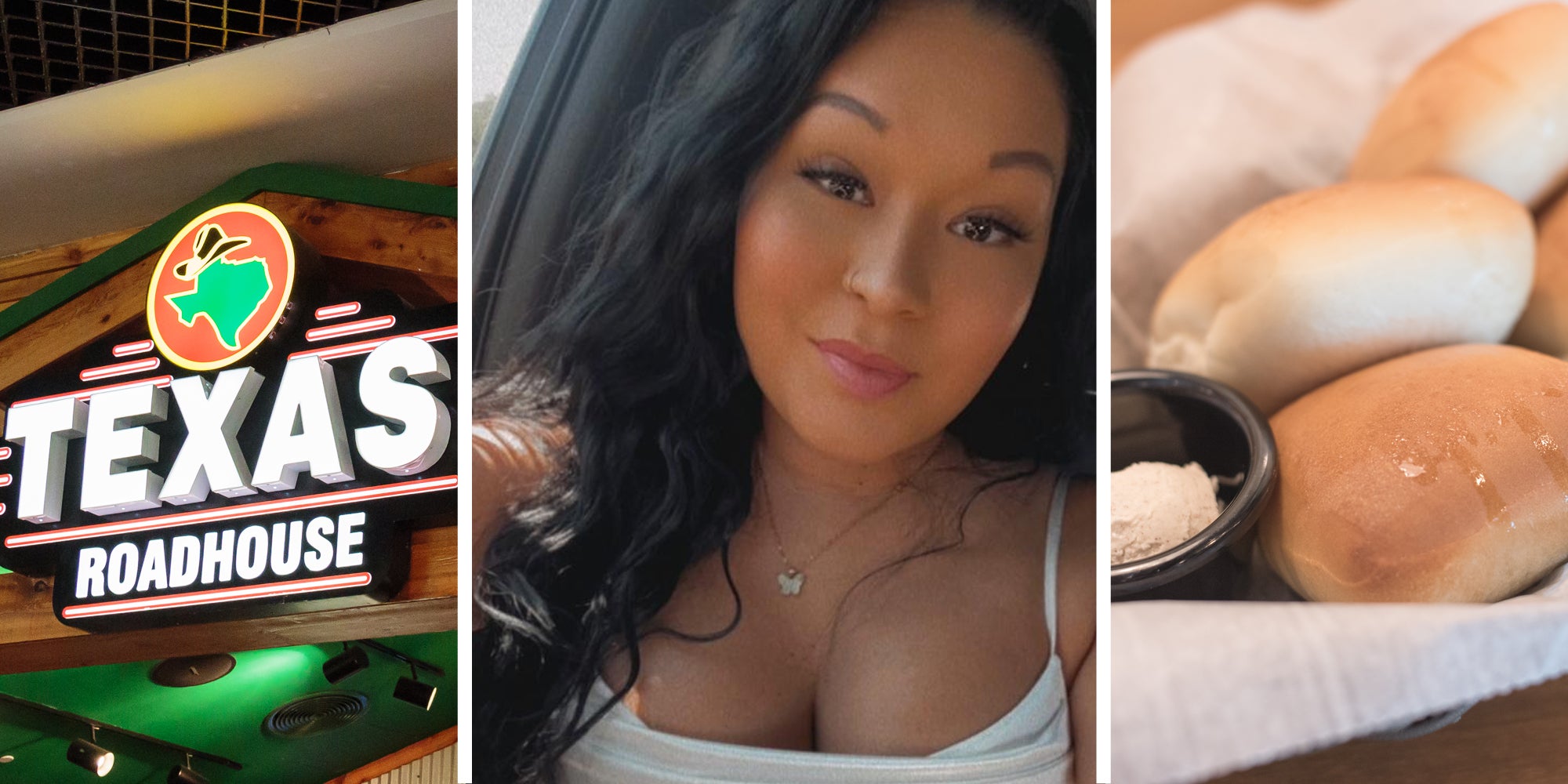 Texas Roadhouse sign(l), Woman smiling(c), Texas Roadhouse rolls(r)