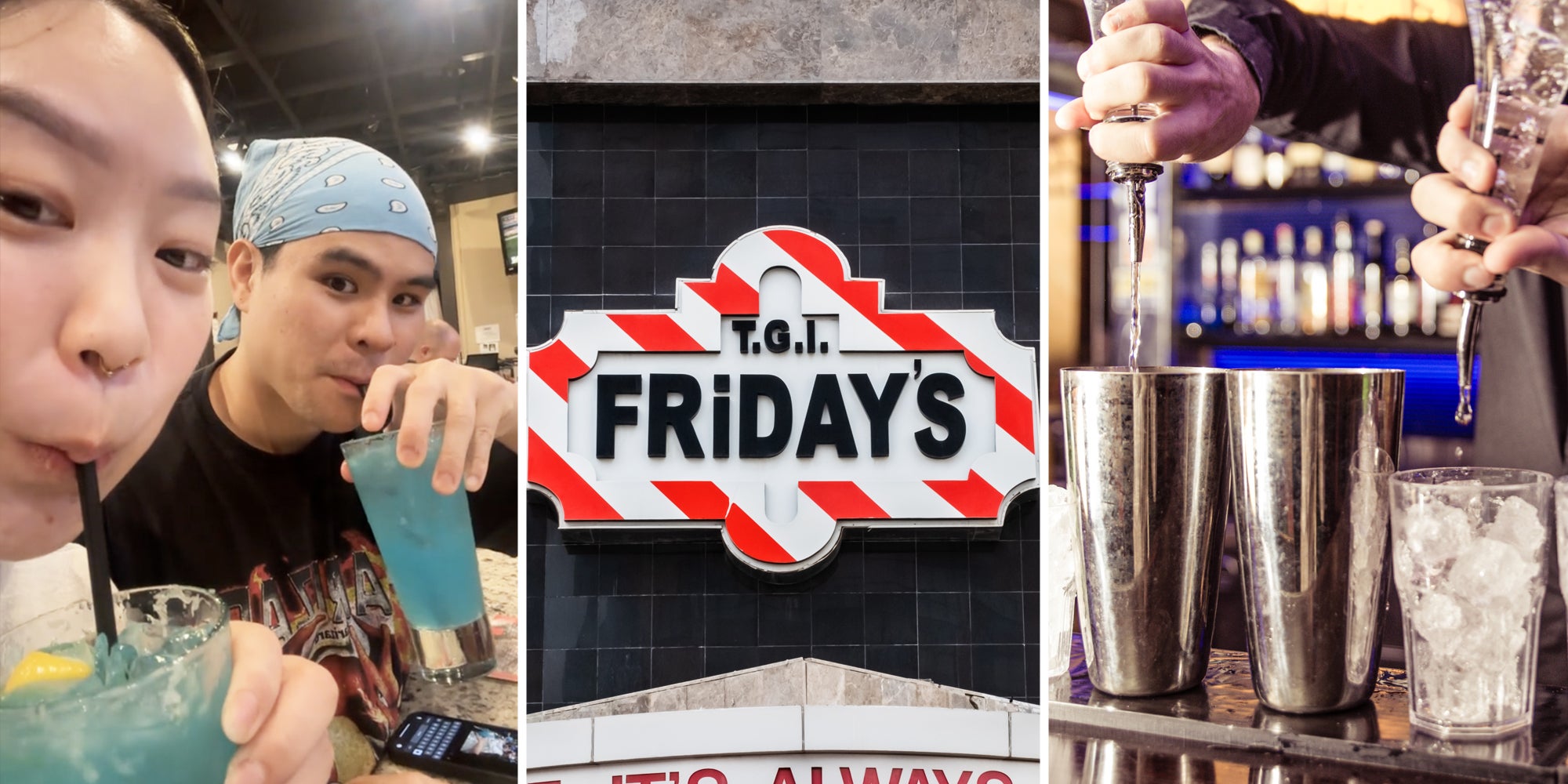 Two people sipping blue drink(l), TGI Friday's sign(c), Bartender making drinks(r)