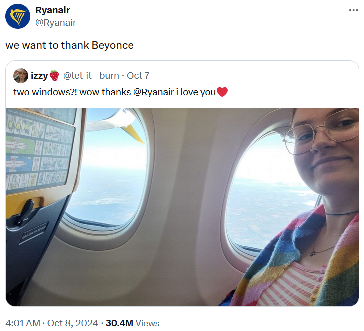 Ryanair tweet responding to a customer compliment.